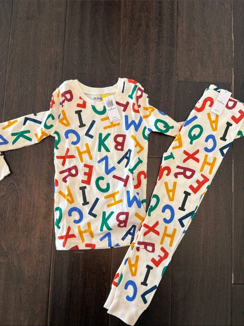 NWT Old Navy Gender Neutral Cream Kids Pajama Set with Multicolor Alphabet